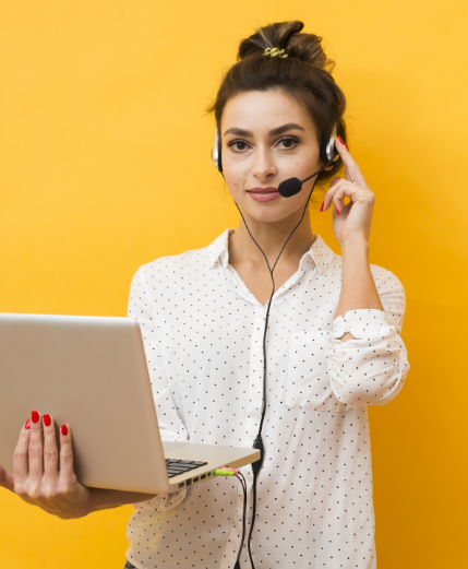 front-view-woman-holding-laptop-ready-take-calls-headset